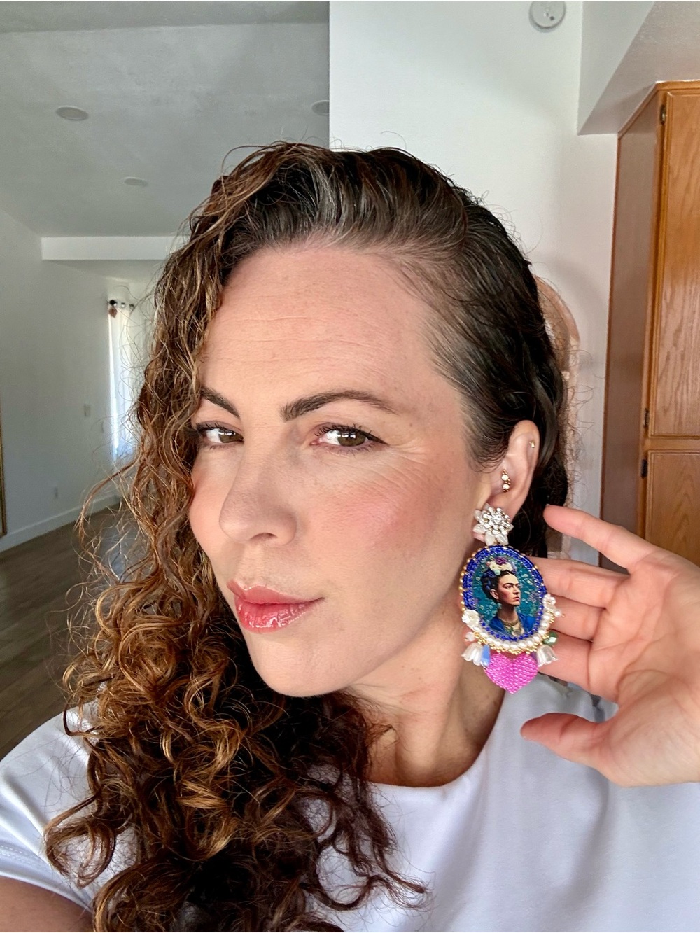 Frida Kahlo Statement Beaded Drop Earrings - Blue & Pink